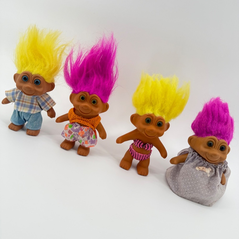 TNT Troll Doll Set Vintage 1991 Kids 3in Multi Color Neon Hair‎ 4pc Lot
